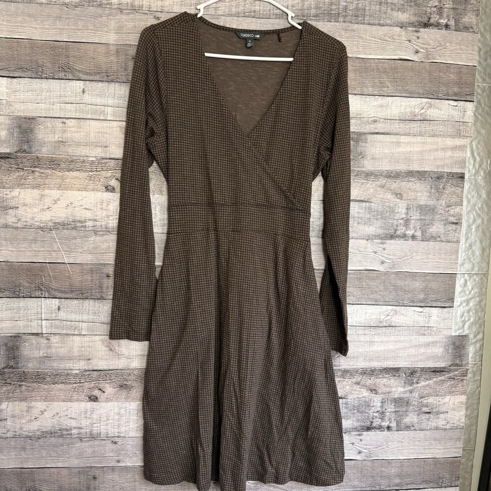 Toad & Co Women's Wrap Dress M Brown Houndstooth Long Sleeve V-Neck Casual